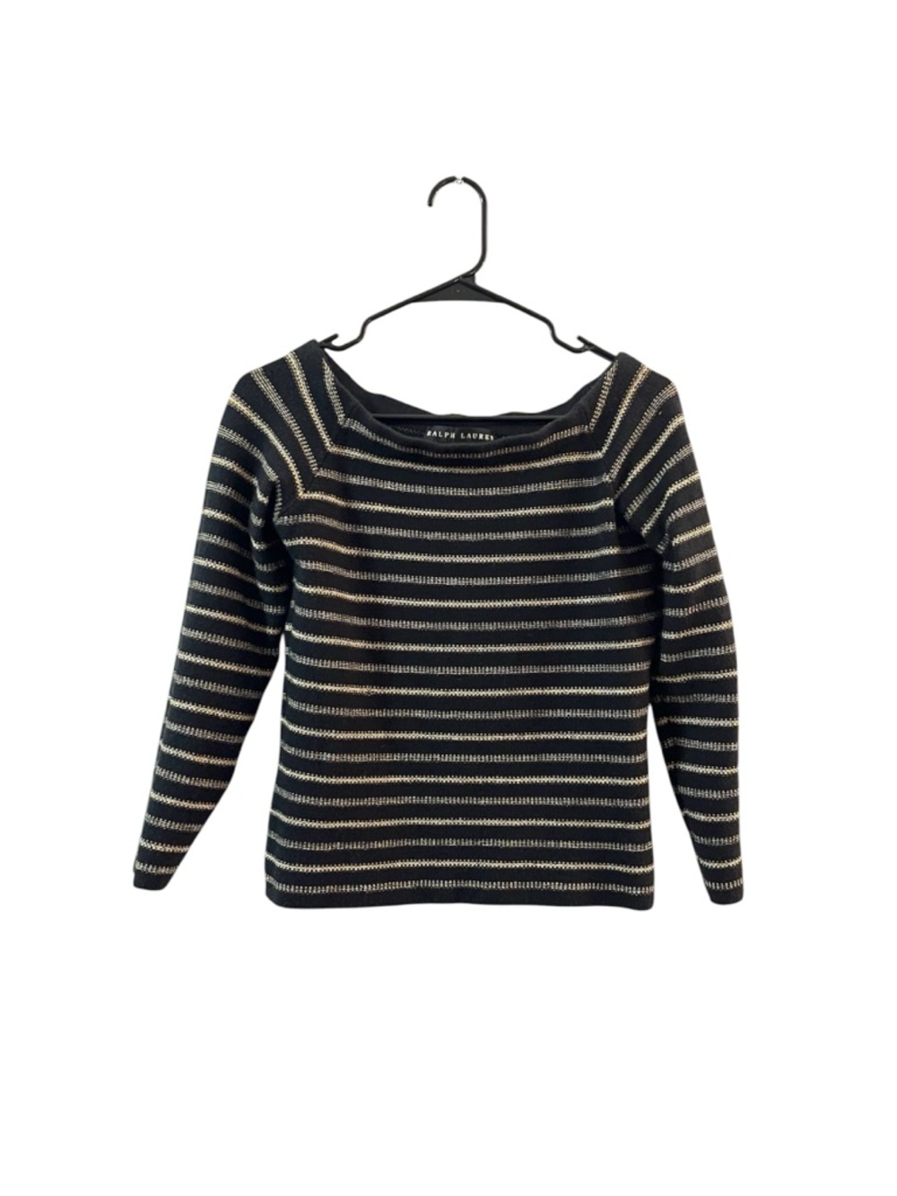 Ralph Lauren Black and Cream Striped Off-Shoulder Knit Sweater
